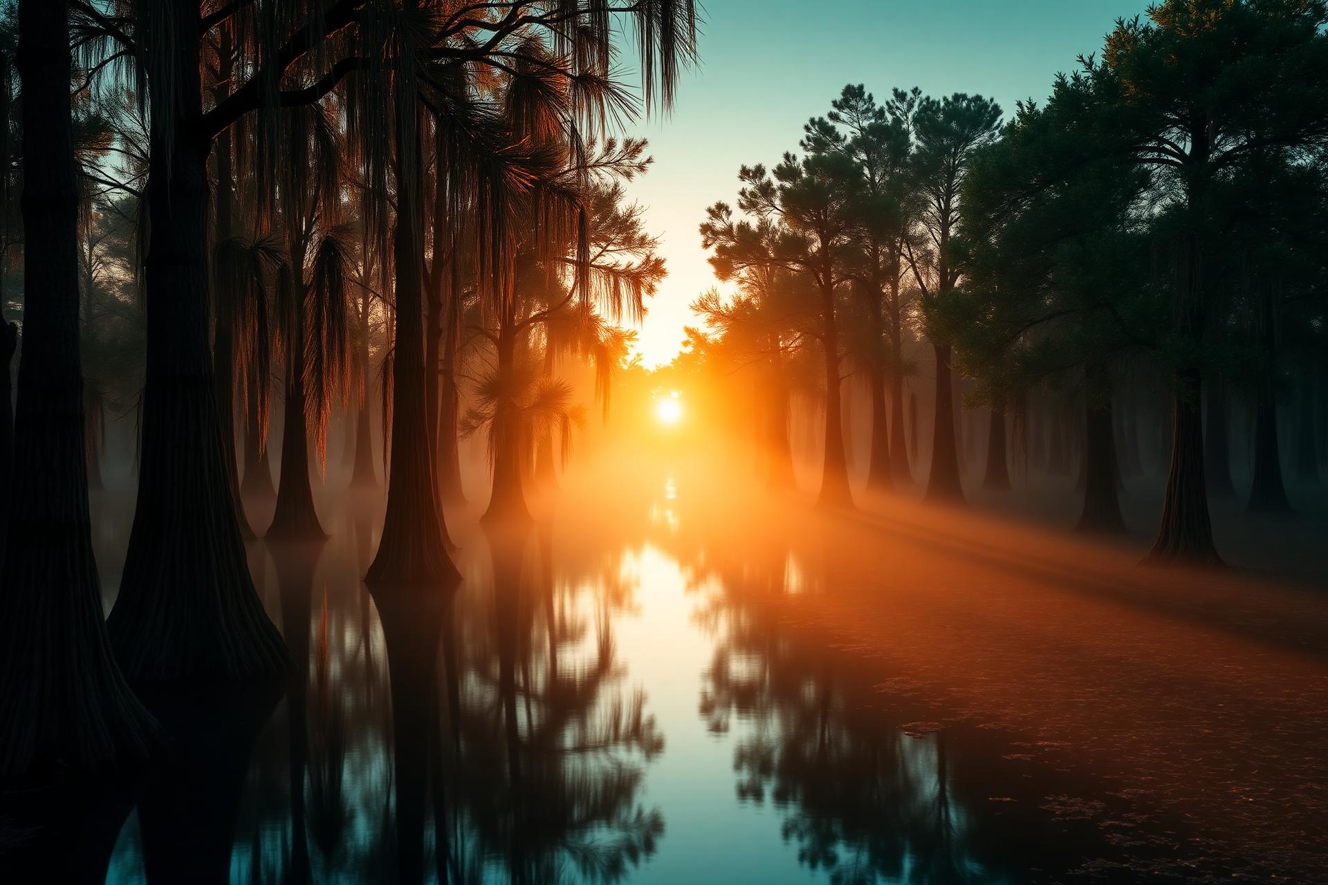 Louisiana cypress bayou at sunset